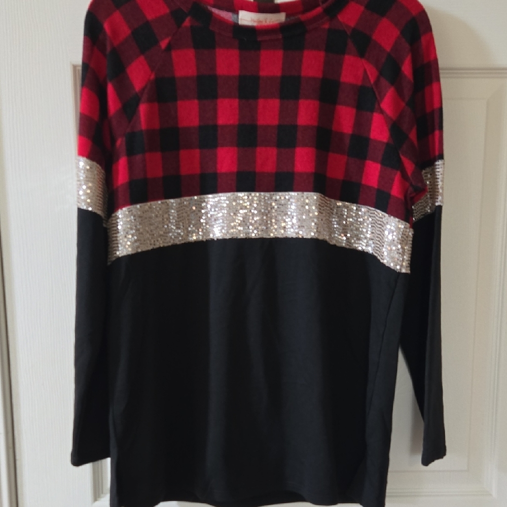 Chic Red and Black Plaid Long Sleeve Top with Sequin Accents Small